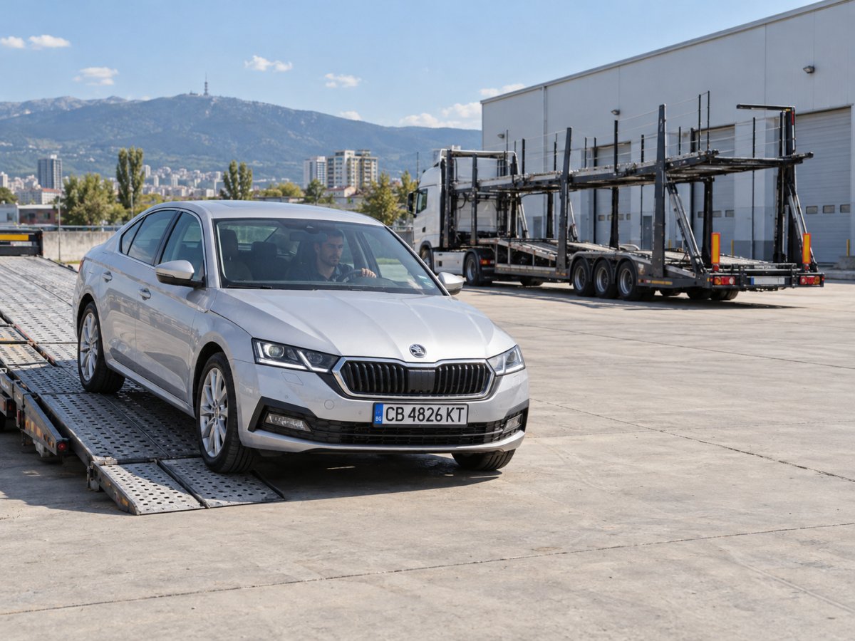 Illustration of a car being unloaded via a ramp before transfer to a car transporter in Sofia