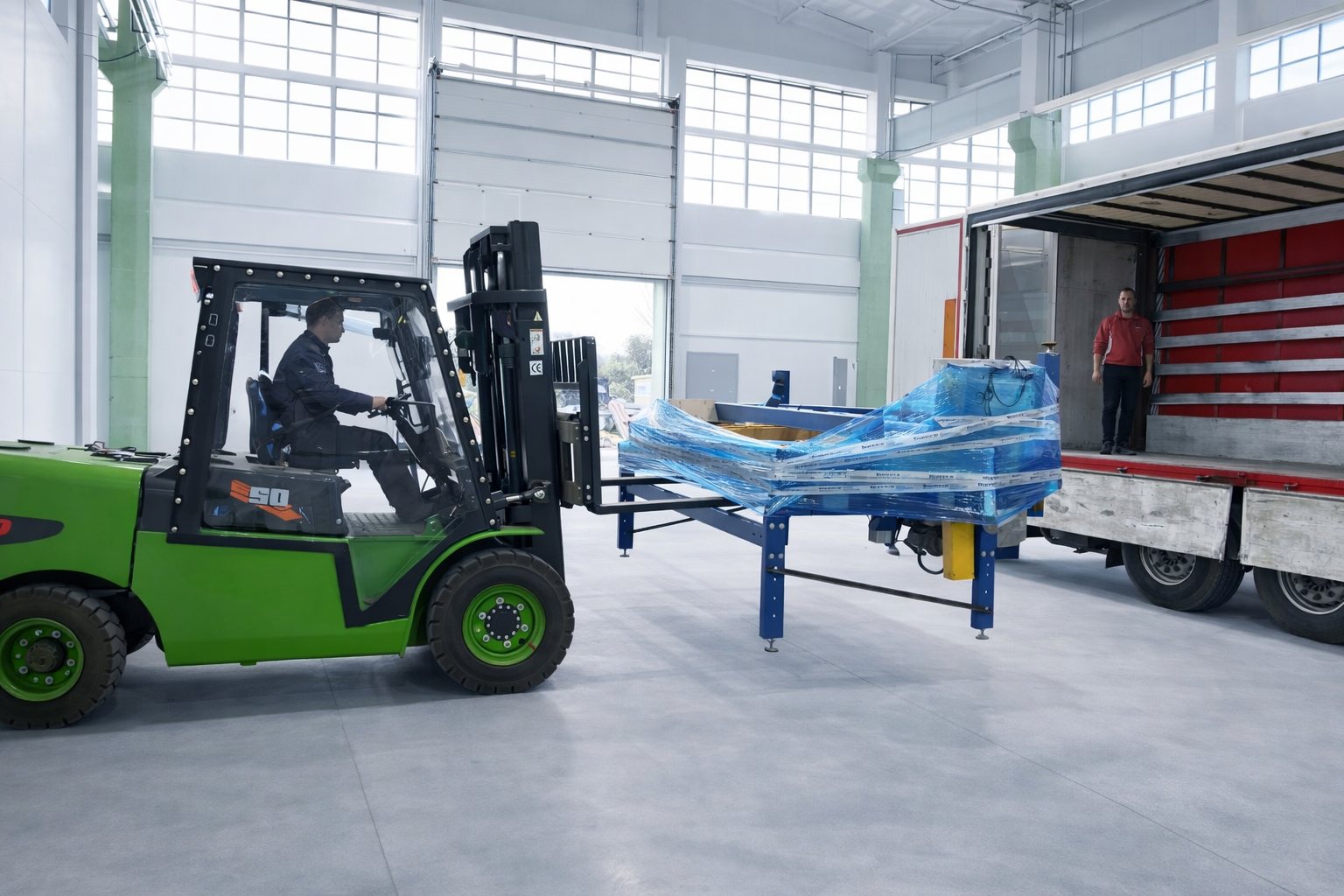 Forklift transhipping a long industrial load from a truck